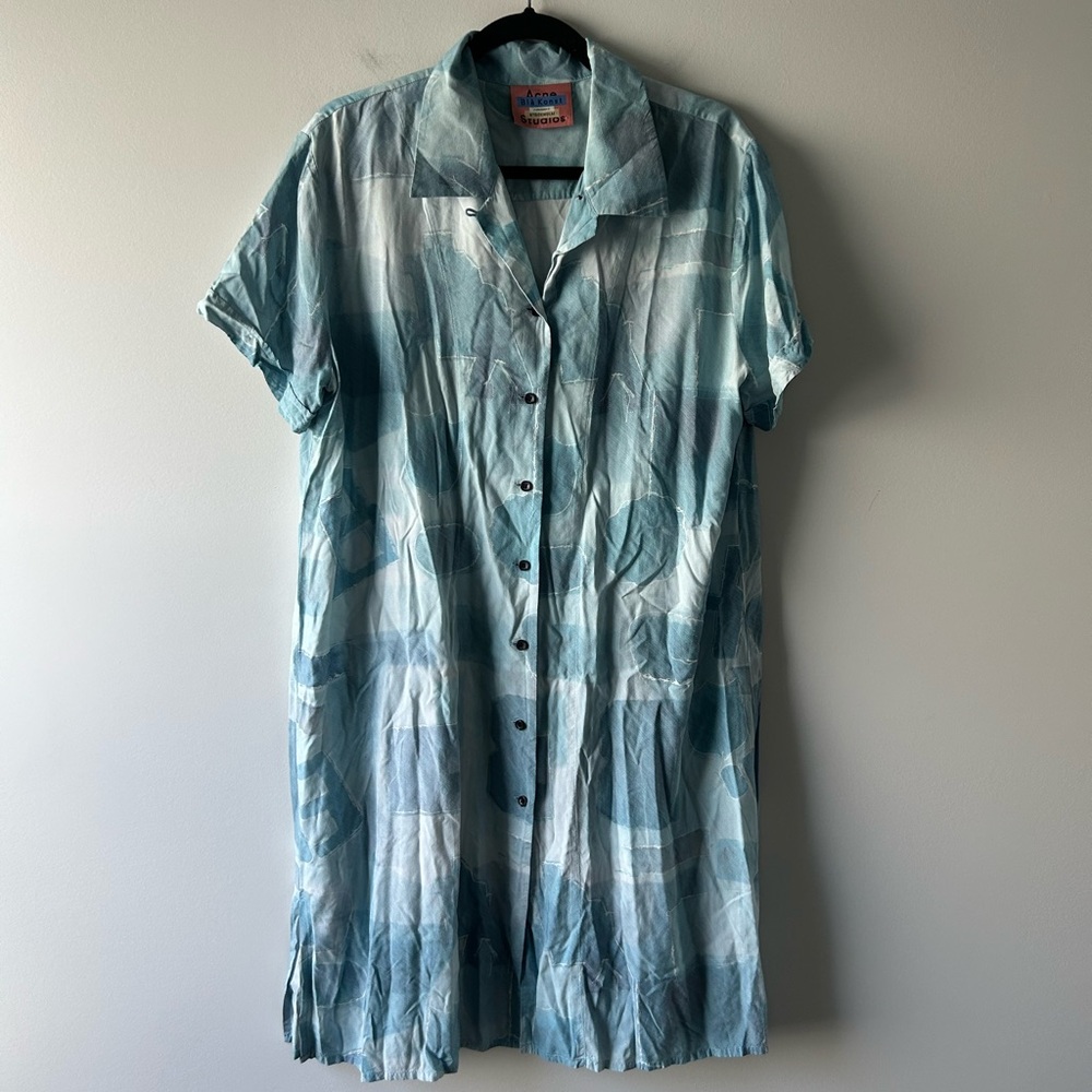 Blue printed designer brand short sleeve shirt style dress